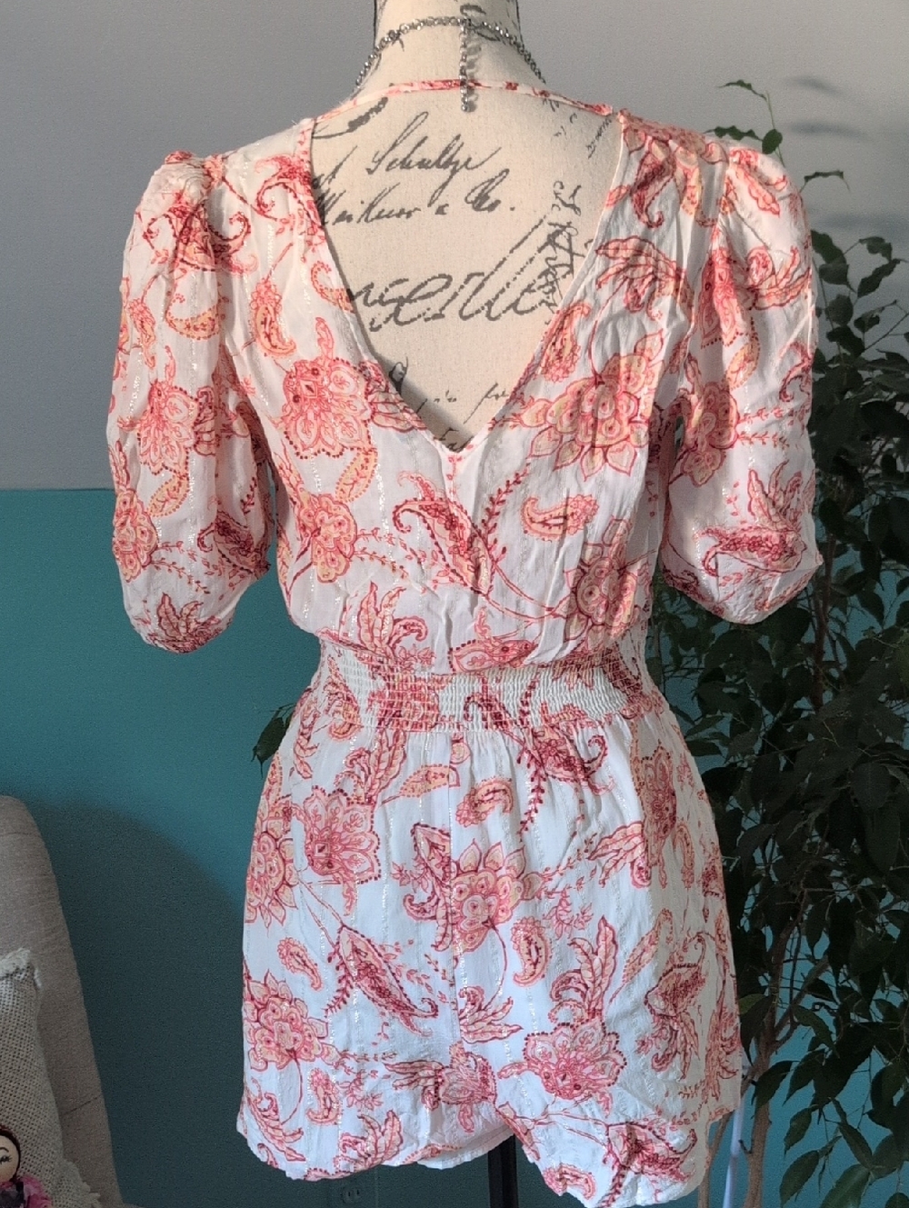 Express White-Light Cream Romper with Coral Pink Floral Print🪷 - Picture 3 of 12